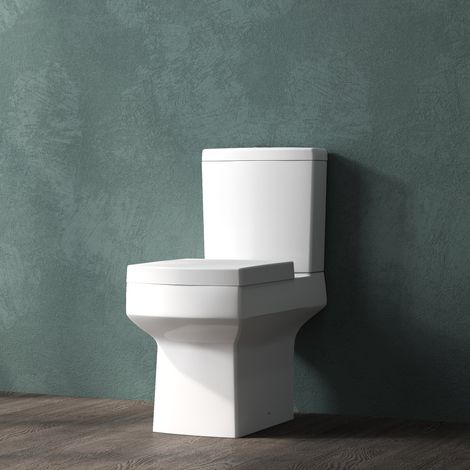 Bathroom Modern Close Cloupled Toilet Square Pan Soft Close Seat WC White