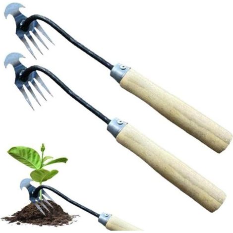 Bardusch - Désherbeur Manuel en Acier Inoxydable avec Manche en Bois - 4 Dents - Outil de Jardinage (1/4)