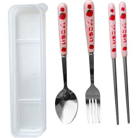 Ensemble de couverts 3 pièces en acier inoxydable arrondi, comprenant cuillère, fourchette et baguettes, présenté dans une boîte transparente.