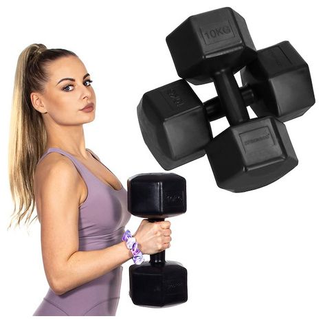 Manubri 2x10kg a forma esagonale per l'allenamento fitness, set di 2 pesi neri.