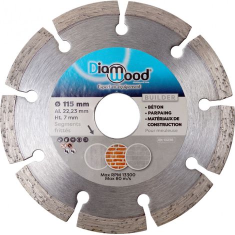 Diamwood – Disque diamant 115 mm – Alésage 22,23 mm – Hauteur segment 7 mm – Pour béton non armé et parpaing – Vitesse max 13 300 tr/min