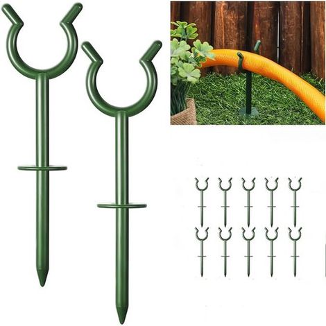 Lot de 10 supports pour tuyau d'arrosage - Supports pour tuyau d'arrosage - Avec piquet de fixation - Piquets pour tuyau d'arrosage - Supports décoratifs pour jardin - Fixation stable du tuyau - Vert (1/5)