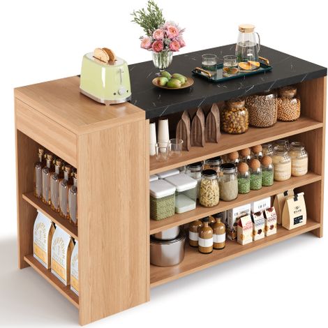 Desserte de cuisine 140x60x90 cm, table haute avec rangements effet marbre noir et chêne