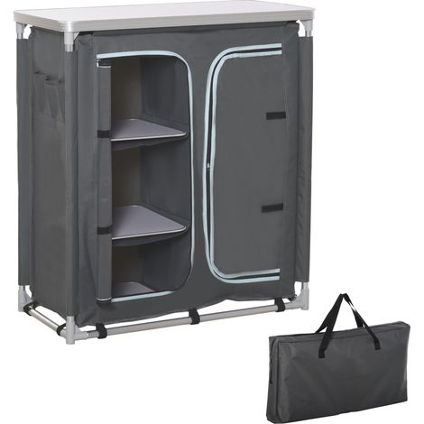 Armoire de camping pliante, en aluminium, en tissu, gris, 96 x 49,5 x 104 cm, étagères de rangement, pour camping extérieur