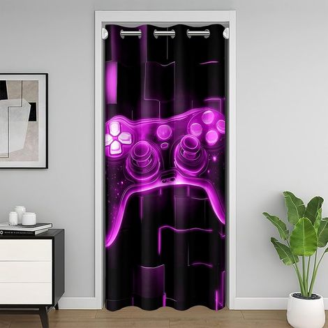 Rideau de Porte Enfant Gamer Violet, Rideaux Occultant 150x203 Gaming Deco Chambre Ado Garcon, Rideau de Placard Manette de Jeux, Rideaux Intérieurs Carrée Géométrique Lumineuse Au Néon - 150L X 203H  (1/5)