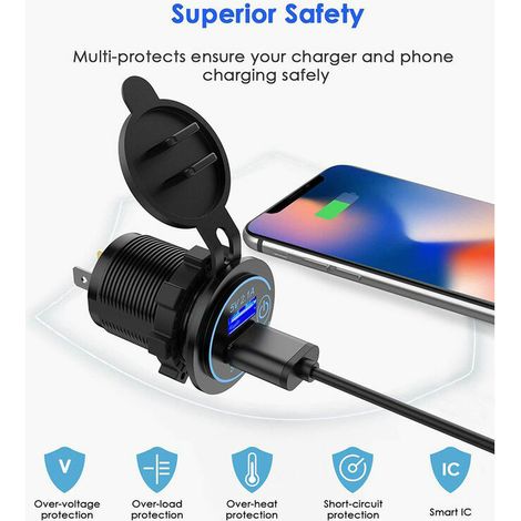 Caricabatterie USB rapido per auto con due porte USB QC3.0, impermeabile da 5 V con voltmetro digitale a LED per moto, roulotte, camion, barca e altro ancora. (1/4)