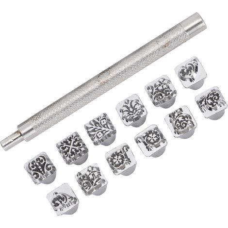 12 pièces poinçons motifs floraux Tang, pour poinçonnage DIY sur cuir végétal, avec 1 manche inclus (1/5)