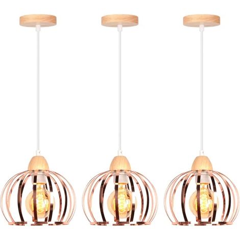 Lustre Suspension - - Vintage - Métal et Bois - 3 Ampoules - Or Rose (1/5)