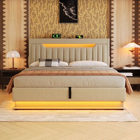 Bett Doppelbett Bettgestell Stauraum 180x200 Leinen OKMYHOME