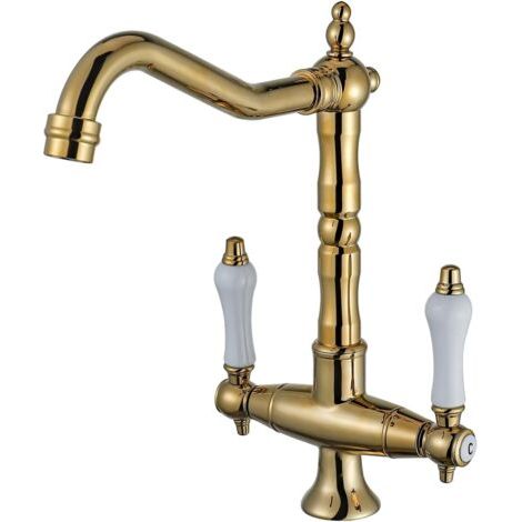 Robinet de cuisine doré vintage pivotant à 360 ° - Mitigeur d'évier à deux poignées - Mitigeur d'évier de cuisine haute pression - Bec haut en laiton (1/5)