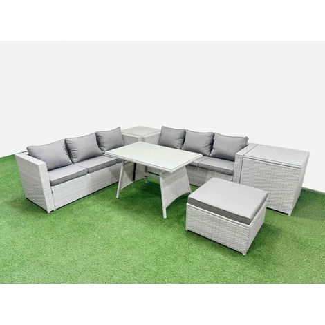 Fimous Rattan Garden Furniture Dining Set 7-seater Patio Rectangular Table 3 Seater Sofa Set with 2 Side Tables Big Stool Light Grey (1/4)