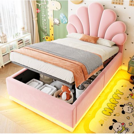Lit coffre 90x200 cm en bois et métal rose, avec rangement pour chambre, sans matelas FloraGrace (1/5)