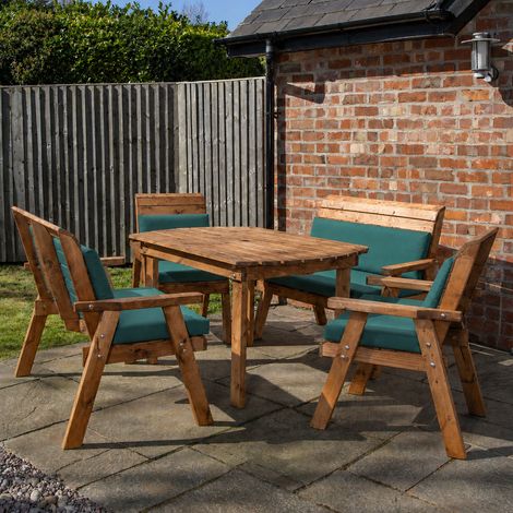 6 Seater Garden Furniture Set. Table, Bench, Chairs & Green Cushions (1/5)