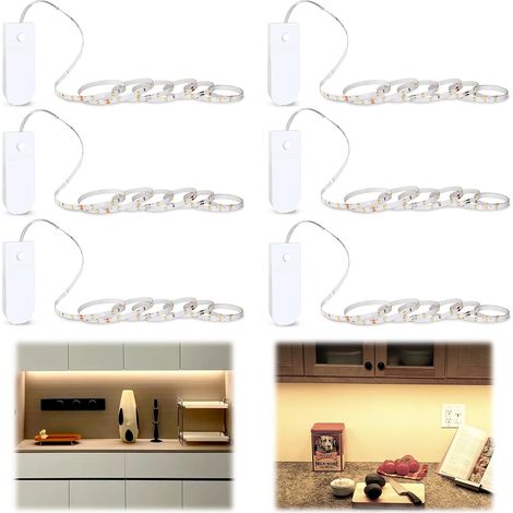 Bande Lumineuse LED Alimentée par Batterie, 6 Pièces Bandeau Lumineux Autocollant 1 Metre 3000K Strip Light, pour Armoire, Couloir, Escalier, Cuisine, Blanc Chaud (1/5)
