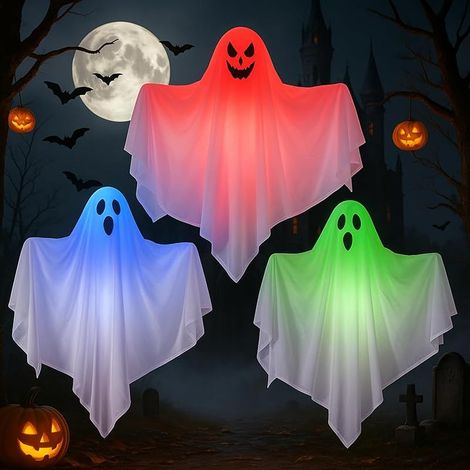 Lot de 3 décorations fantômes à suspendre d'Halloween : 67 cm fantômes d'Halloween avec lumières LED décoration blanc mignon fantôme suspendu lumière pour intérieur extérieur jardin avant-jardin arbre (1/5)