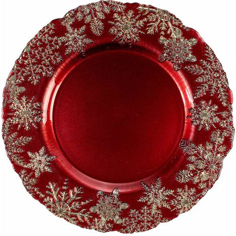 Assiettes de Noël rondes en verre rouge compatibles contact alimentaire, flocons dorés en relief, lot de 2, diam. 33 cm