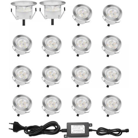 Set aus 16 eingebauten Außen-LED-Spots, IP67 wasserdicht, Treppenbeleuchtung, Ø 32 mm, Außen-Einbauspots für Terrasse, Holz, Pool, Garten, Treppen, Holzdeck (Kaltweiß)