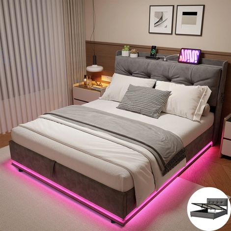 Lit Adulte Coffre 140 x 190 cm Velours Gris avec Sommier, LED et USB, Tête de Lit Rembourrée, Lit 2 Place avec Fonction de Rangement (1/5)