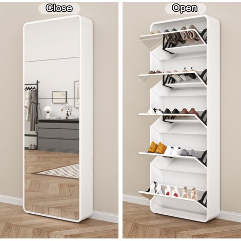 Meuble à chaussures miroir 63x19,6x176,2 cm en MDF blanc, gain de place pour entrée FloraGrace (1/5)