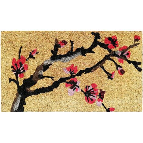Tapis Entrée en Fibre de Coco - Paillasson Extérieur 40 x 70 cm avec Base Antidérapant en PVC et Absorbant - Fleur de Cerisier (1/5)