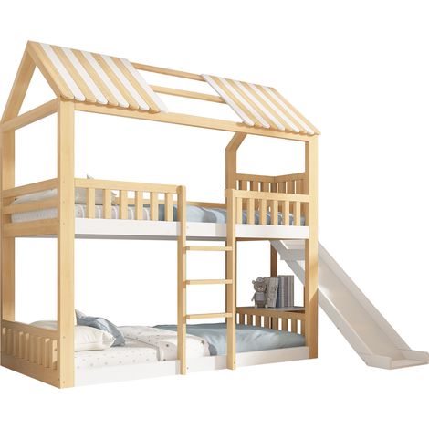 Lit superposé enfant 90x200 avec toit à pignon, blanc et naturel, lit cabane mezzanine avec étagère et toboggan de 35 cm, montée sécurisée, idéal pour les familles avec deux enfants, EN 747, sans mate (1/5)