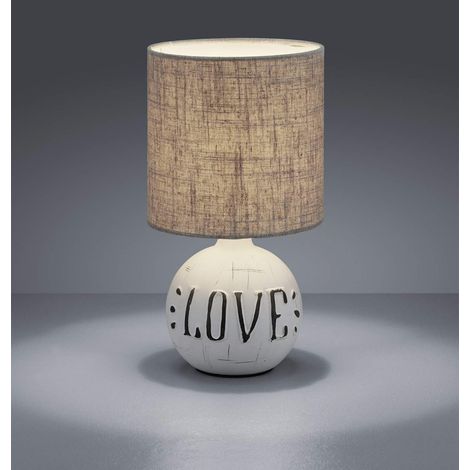 LED Tischleuchte Keramik-Sockel Schriftzug LOVE Stoffschirm Braun, Höhe 31cm (1/5)