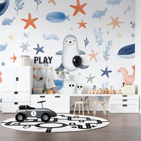 Papier Peint Enfant - Animaux Marins Rigolos - 400 x 260 cm (1/2)