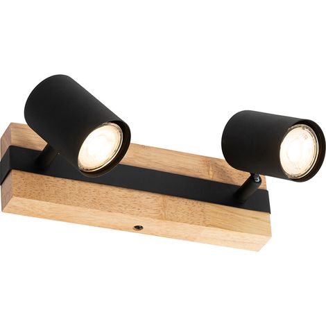 QAZQA Plafonnier noir avec bois 2 lumières rectangulaire réglable