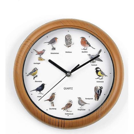 Horloge murale Chant d'oiseaux 2024, 12 chants d'oiseaux et motifs d'oiseaux réalistes, arrêt automatique entre 9h et 17h, cadre en bois, pile AA (1/4)