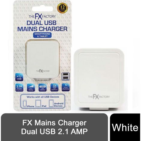 FX Powabud Mains 2 Port USB Or 3 Port USB Charger - 2.1Amp/3.1Amp[2Port USB 2.1Amp - White] (1/5)