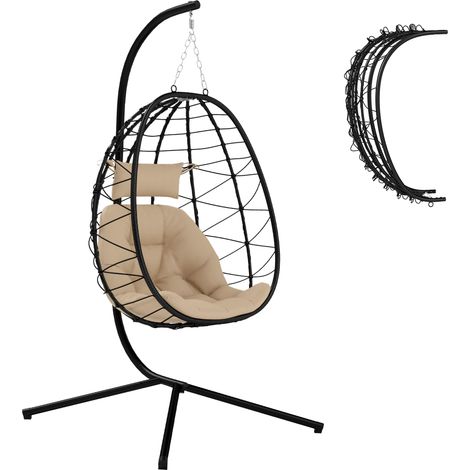 Outsunny Hanging Egg Chair Outdoor Indoor Garden Swing Chair with Folding Basket, Thickened Cushion, Garden Hanging Chair with Stand, Headrest for Patio, Balcony, Khaki