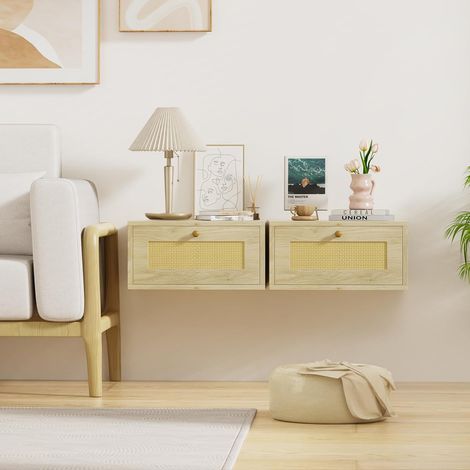 Table de chevet Lot 2 chevets muraux bois avec lampe 1 tiroir coulissant pour petit espace chambre salon (1/5)