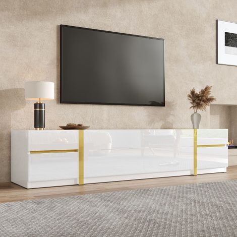 Modernluxe - Meuble TV moderne 180x40x38 cm - Finition brillante - 4 tiroirs et 2 portes - bordures dorées - MDF - blanc (1/5)