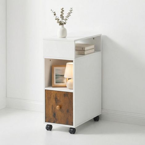 FurnitureR Mobile End Table with Storage Drawer, 2 Shelves, Narrow Slim Design, 50 x 25 x 68 cm, White and Rustic Brown