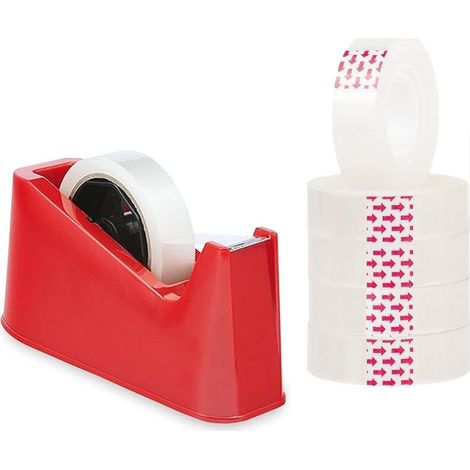 Heavy Duty Desk Tape Dispenser Red with 6 Clear Tape Rolls – Weighted Non-Slip Base  Sharp Steel Cutting Blade  One-Hand Use  Compatible with Sellotape, Scotch & Packing Tape