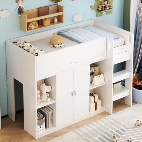 Lit mezzanine multifonctionnel 90x200cm avec rangements, penderie et étagères – lit enfant avec échelle et structure stable, blanc, garantie 2 ans