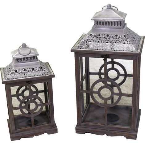 Set 2 Lanterne in Legno in Metallo grigio chiaro rettangolare