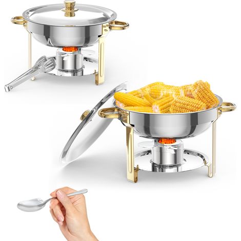 Lot de 2 Réchaud à Buffet Or, Ensemble de Chauffe Inox avec Couvercles, Porte-Couvercle, Cuillères & Pinces, Plats Buffet Traiteur