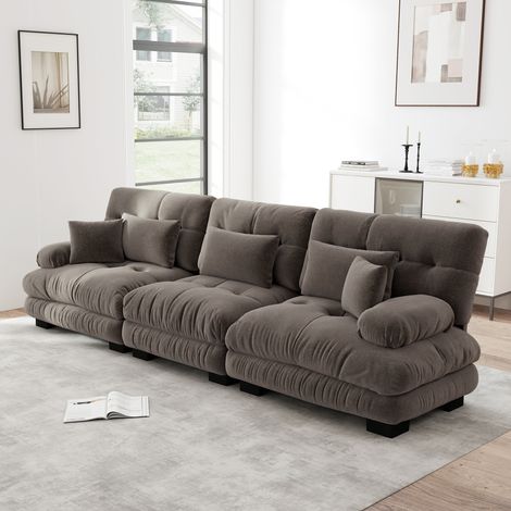 Canapé d’angle modulaire 3 places en chenille marron, assise profonde, composition en L, U ou droite (1/5)