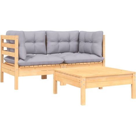INLIFE Salon de jardin 3 pcs avec coussins gris Bois de pin massif (1/5)