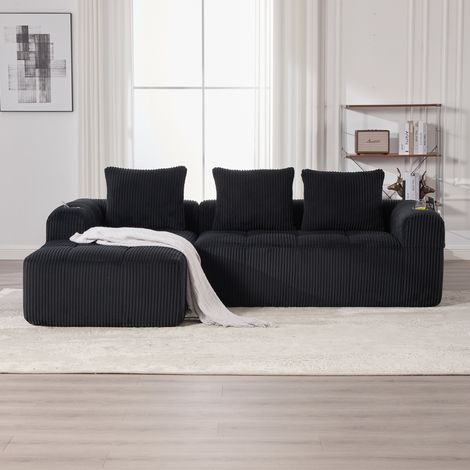 Canapé modulable en velours côtelé 253×158 cm, 3 coussins, poches latérales, porte-gobelets,Noir (1/5)