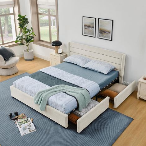 Lit 90x200 avec 2 tiroirs de Rangement, Lit Capitonné 90x200 AVCE Sommier à Lattes, pour Enfant Adolescent Adulte, sans Matelas, Chenille Beige (1/5)