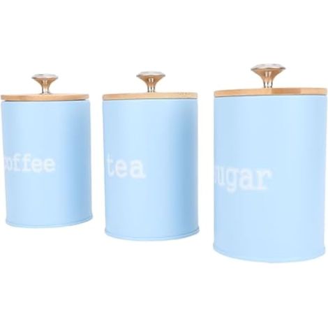 Boîte de rangement hermétique en métal (3 pièces) avec couvercle, étiquette en bois vintage, pot à sucre pour le thé et le café (bleu) (1/4)