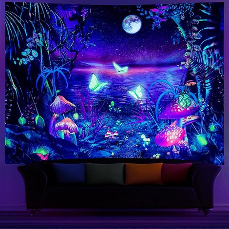 Tapisserie Forêt de Rêve à Lumière Noire Tapisserie Lune Tapisserie Papillon à Réaction UV Tapisserie Espace Galaxie