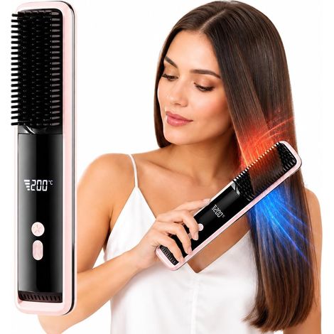 Brosse Lissante Sans Fil Vent Chaud et Froid, Brosse Lissante pour Cheveux Anti-BrûLure Céramique, Brosse Chauffante Portable, Lisseur Cheveux avec LED pour Femmes Hommes pour Cheveux Bouclés Lisses (1/5)