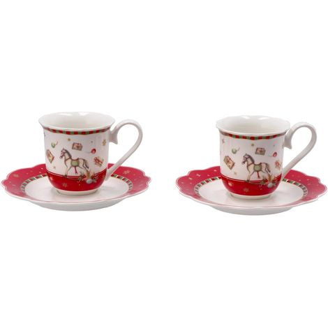 Regalo Italiano Servizio 2 Tazzine Caffè di Natale Porcellana D 6 Cm H 6 Cm Rosso Bianco
