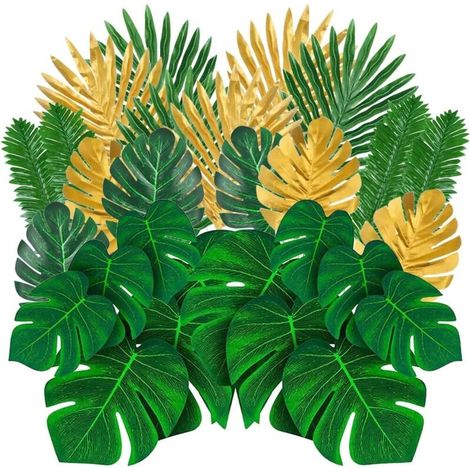 Fausse Feuille De Palmier Avec Tige Fausse Plante Tropicale Thème De La Jungle Décoration (66PCS)