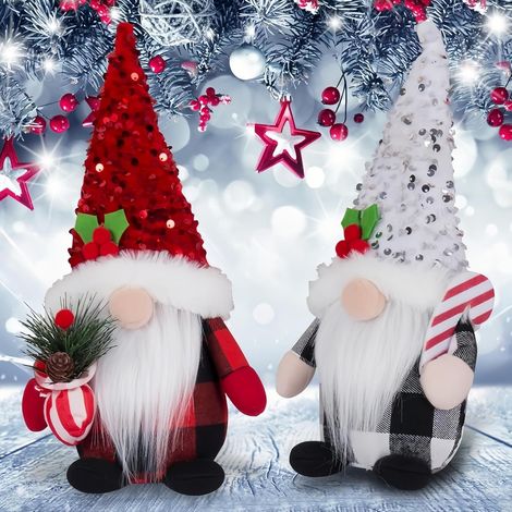 Gnome De Noël - En Peluche Avec Chapeau À Paillettes - Décoration Festive Pour Intérieur - Lot De 2 (1/5)