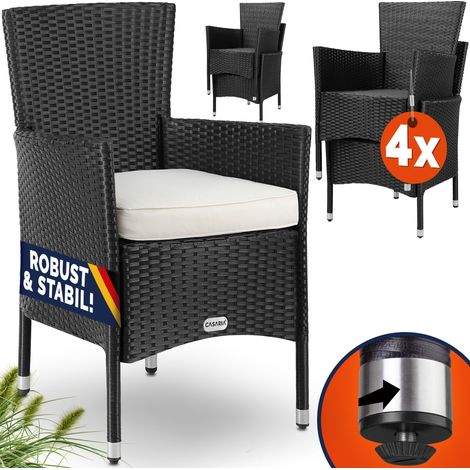 Casaria® Set de 4 chaises en polyrotin avec coussin d'assise 7cm charge max 160kg assise fauteuil jardin balcon terrasse Noir (1/5)