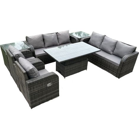 Fimous PE Rattan Gartenmöbel Sets Höhenverstellbare aufsteigende DiningTable Sofa Set mit Liegestuhl 2 Beistelltische Dunkelgrau gemischt (1/5)